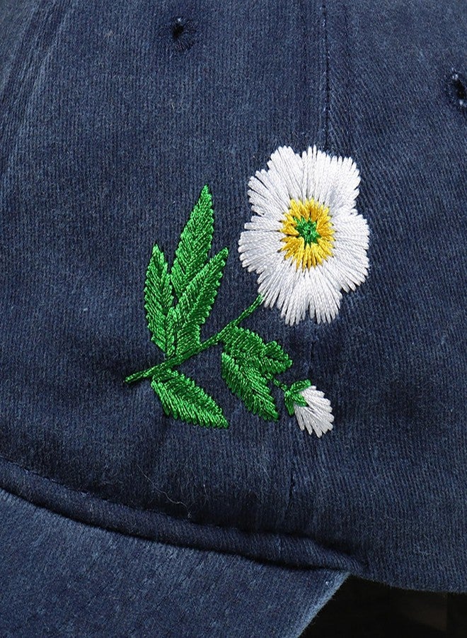 Busnos Flower Baseball Hat Baseball Cap Funny Trucker Hats for Women Cute Distressed Ball Caps Dark Blue Ponytail Hat for Women - Image 3